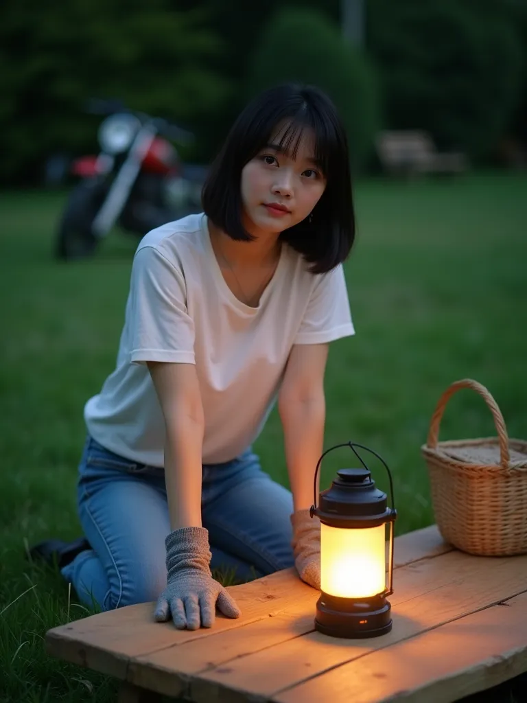 There is a wooden camping table on the green lawn. When it gets a little dark, A young Korean woman with short straight hair wears jeans, white tees, short-wrist-length gloves, and puts her hands on the table. The table comes with camping supplies such as ...