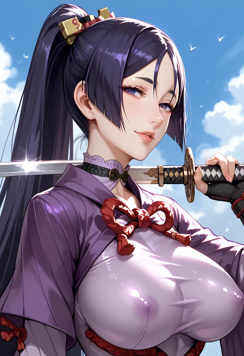 Sexy raikou,purple samurai , purple bodysuit, sword, holding sword, nodachi, long katana, seducing face, giant ponytail, sky background, tight suit, detailed face, upper body, large breasts, big breasts, 1 girl, 1 sword,