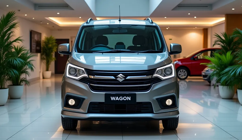 "A high-quality image of a Suzuki Wagon R, captured from the front view, showcasing its bold and modern design. The car is metallic gray with a stylish grille, sharp headlights, and a sporty bumper. The word 'WAGON' is prominently displayed on the front gr...