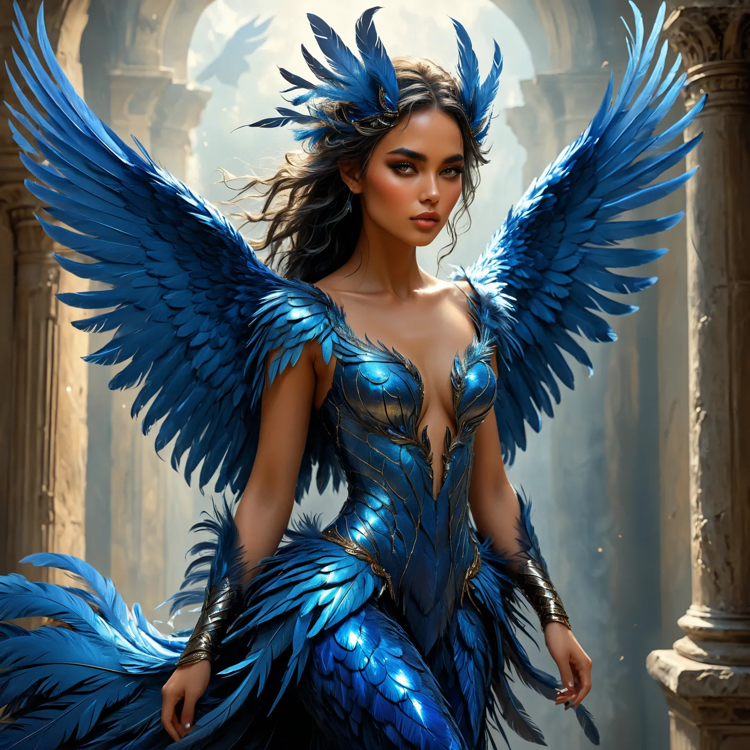 A breathtakingly beautiful female harpy perches elegantly, her alluring form draped in a cascade of soft, iridescent feathers in shades of sapphire and moonlit silver. Her delicate yet fierce face remains entirely human, with striking high cheekbones, full...