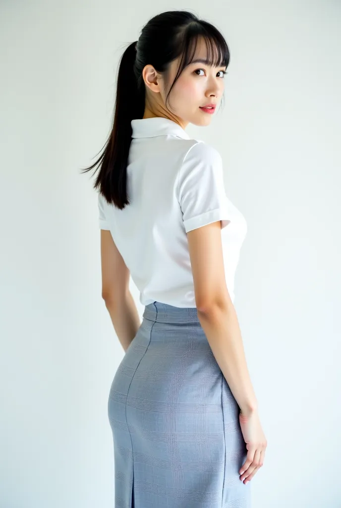 A beautiful 32-year-old Japanese woman.
She has a long, neat face and light makeup.
Her medium-length black hair is tied in a ponytail.
She has a slender, delicate body and a well-defined bust.
She is wearing a white short-sleeved polo shirt.
She is wearin...