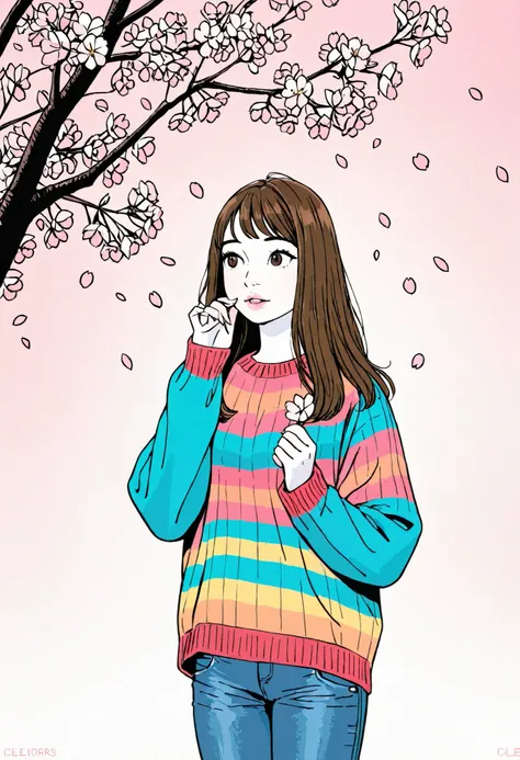 Girl, long, straight brown hair, brown eyes, sharp features, white skin, bright pink lips, beautiful, perfect, wearing a colorful sweater, jeans jacket, some cherry blossoms flying around her, high quality resolution, clear colors.
