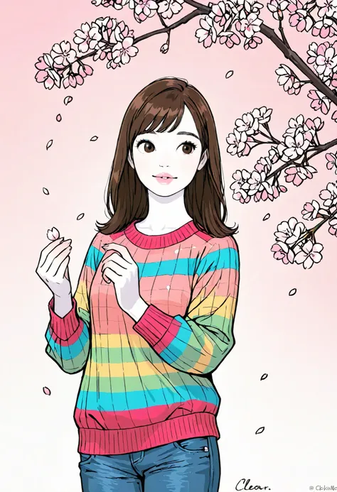 Girl, long, straight brown hair, brown eyes, sharp features, white skin, bright pink lips, beautiful, perfect, wearing a colorful sweater, jeans jacket, some cherry blossoms flying around her, high quality resolution, clear colors.
