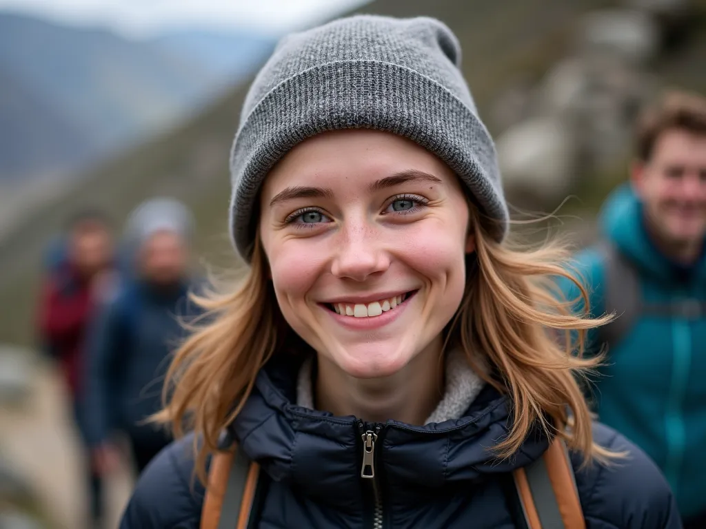 A medium shot portrait of a young woman with light-colored eyes and medium-length, wavy hair, wearing a dark outdoor jacket and a knitted beanie. She is smiling and looking directly at the viewer. The background is slightly blurred and appears to be a natu...