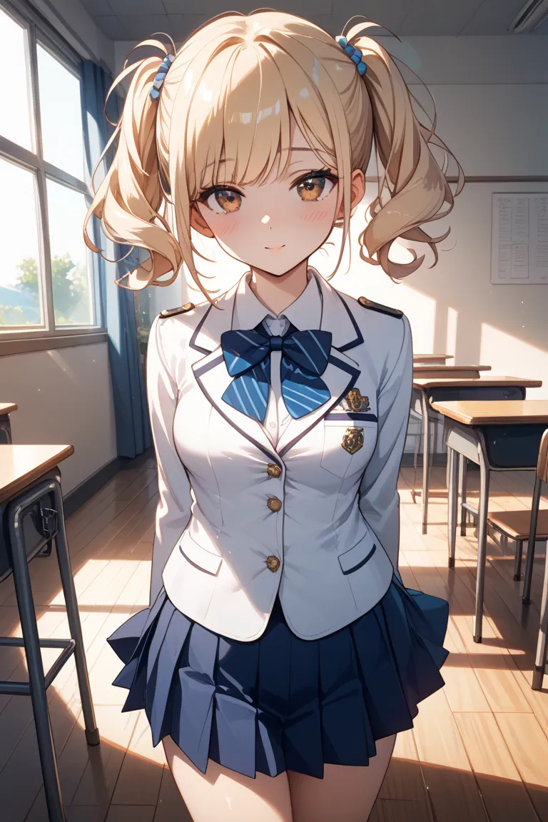 A beautiful Japanese high school girl wearing a navy blue and white blazer uniform with a mini skirt. She has medium-length ash-blonde hair and warm brown eyes. Her expression is shy, with a slight blush on her cheeks. She stands in a summer-lit classroom,...