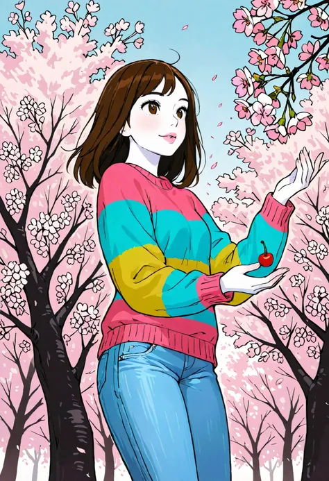 Girl, long, straight brown hair, brown eyes, sharp features, white skin, bright pink lips, beautiful, perfect, wearing a colorful sweater, jeans jacket, some cherry blossoms flying around her, high quality resolution, clear colors.