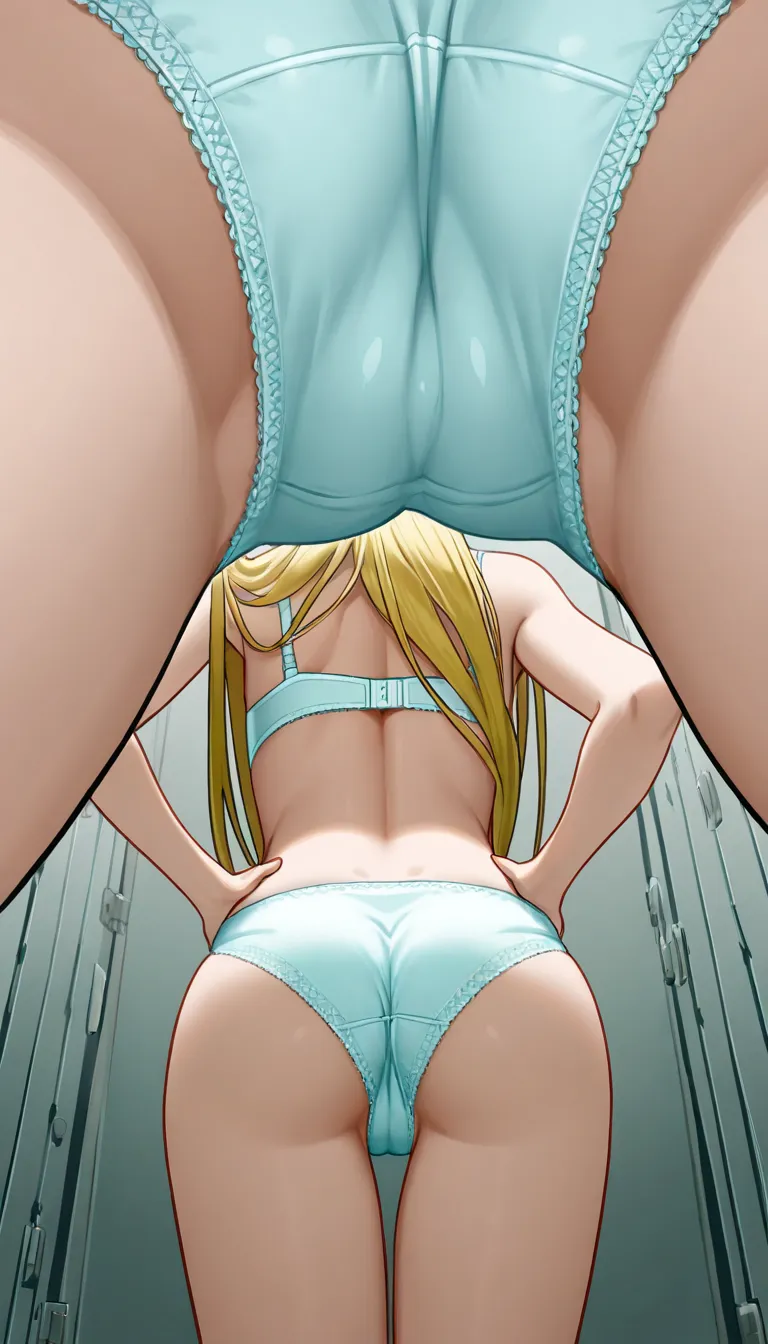 1 japanese girl,Only one woman,alone,alone, light blue satin underwear,
blonde long hair,standing in lockerroom,
satin bra,satin panties,((back style)),turn around, turn around and look at the viewer,
extreme close up hip,
Looking at viewers,  woman,from d...