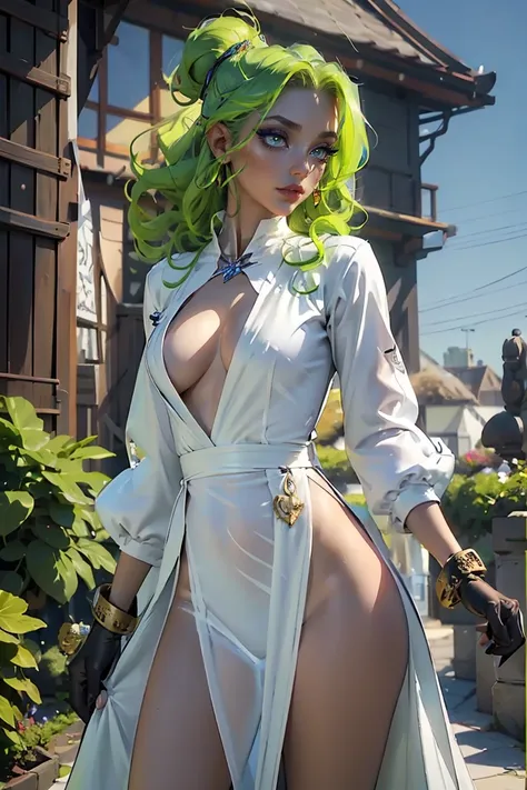 Goddess ((goddess-like woman)), slim, elegant silhouette, masterpiece, (close angle), best quality, pale skin, fair skin, sweet face, (masterpiece: 1.2, best quality), (real picture, intricate details), (1 lady, solo, medium, slim waist), neon green hair, ...