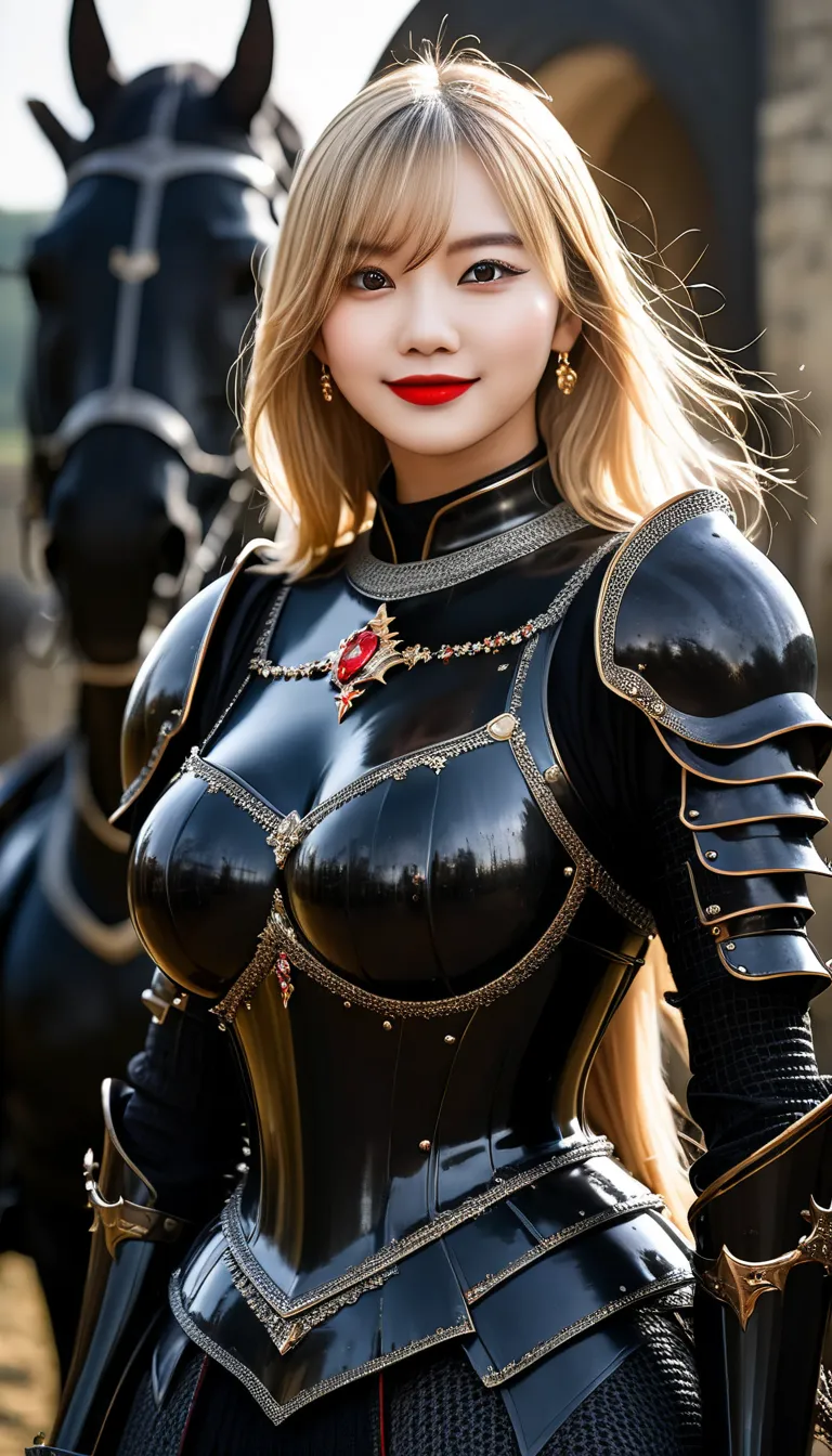       masterpiece,            top quality,High-ranking knight,(女性 Black Knight            _ Black Knight            :1),(Jet Black Armor:1.3), (35歳の女性 Black Knight            :1.3),、(((Very large and heavy breasts)))　    Crosseye                  　,       ...