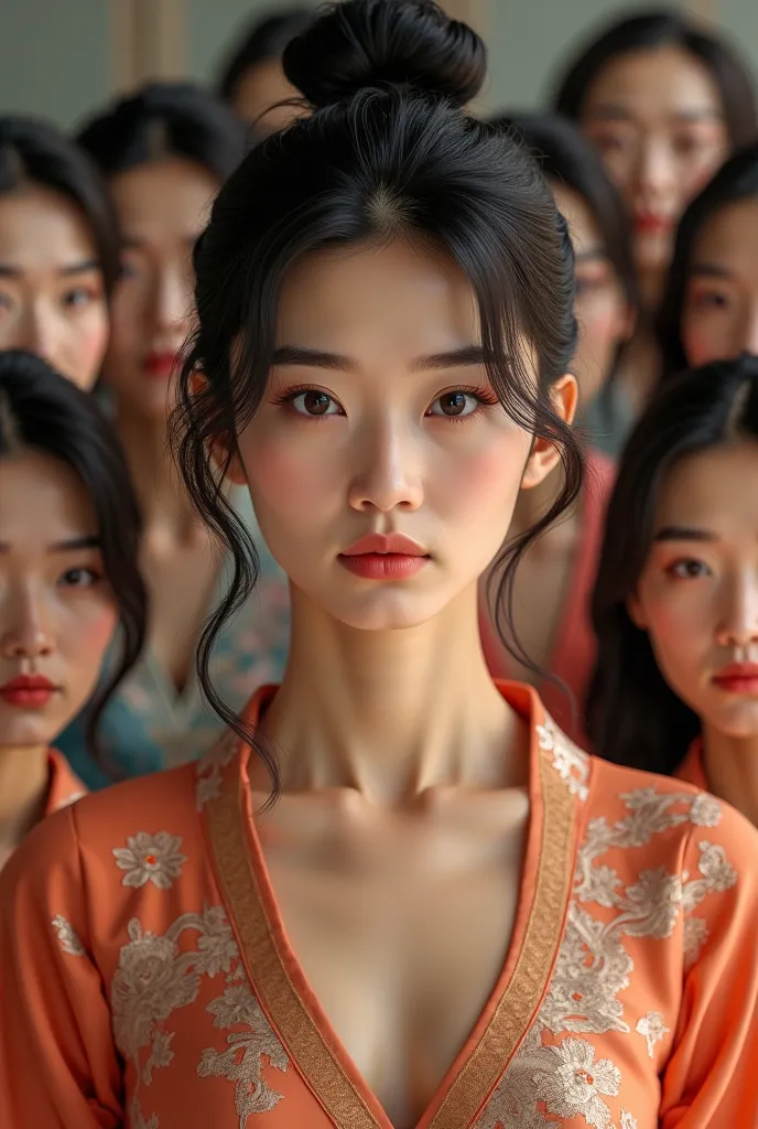 a beautiful woman standing among Asian women