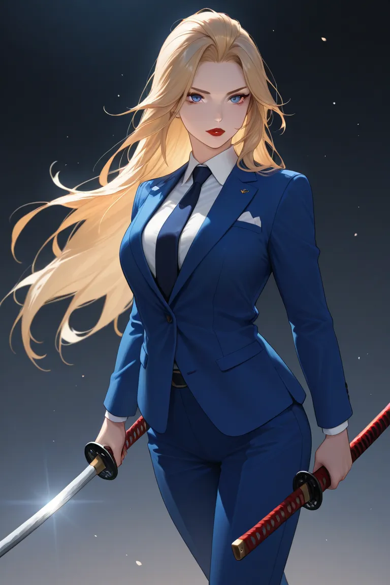 Make an image of a person with big blond hair blue eyes red lips and katana and blue suit 