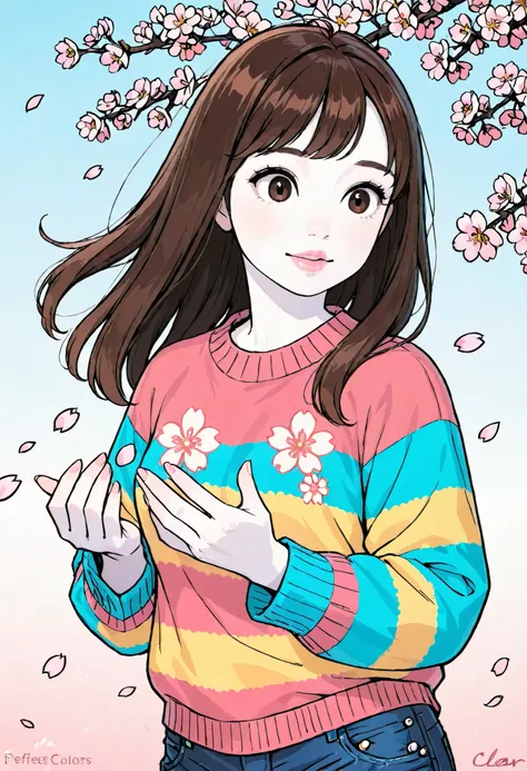 Girl, long, straight brown hair, brown eyes, sharp features, white skin, bright pink lips, beautiful, perfect, wearing a colorful sweater, jeans jacket, some cherry blossoms flying around her, high quality resolution, clear colors.