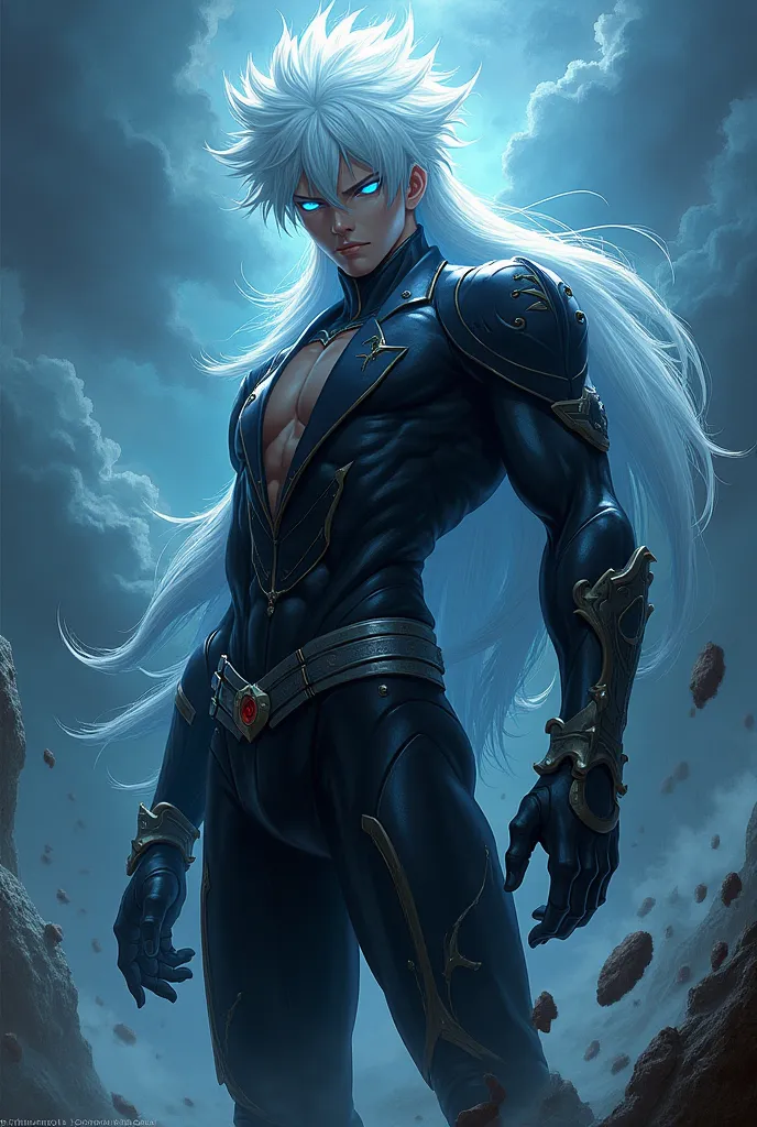 Akira Fudo from  the manga devilman but with white hair and blue eyes