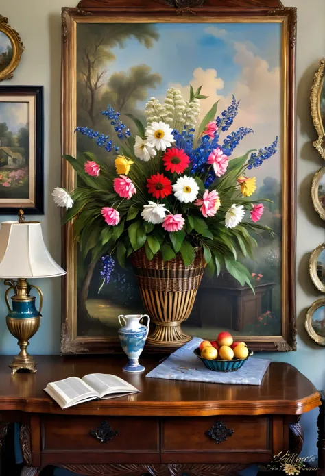 18th century flower basket, on a table in a Victorian room, paintings