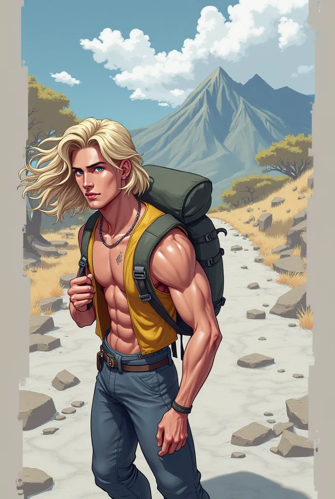 handsome、illustration for both eyes、long hair、blue eyes、 male、 muscular、light beige hair、wave hair、 yellow vest、 a large backpack 、young man、Young、boy 、((long hair))