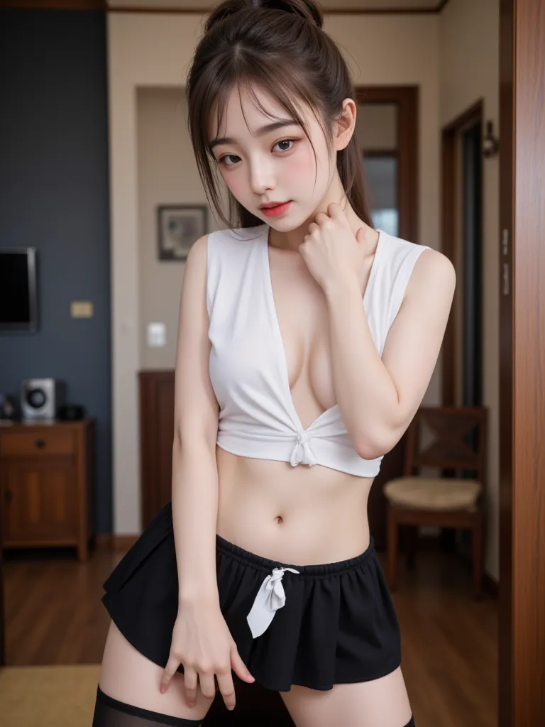 Highest quality, RAW photo, Ultra HD, 18-year-old Korean, beauty, big breasts:1.5, breast crack:1.5, healthy skin tone, fair and smooth skin, beautiful eyes in various colors, thin lips, beautiful eyes with fine details, light pink blush, long eyelashes, b...