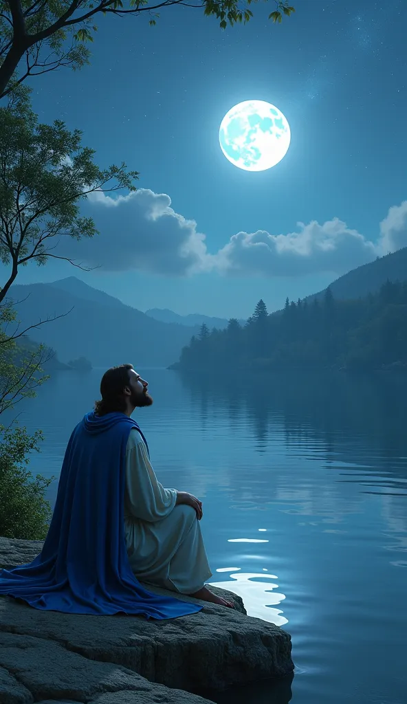 "Jesus, dressed in white and a blue cloak, sits on a rock by a still lake, looking up at the bright moon in the starry sky."