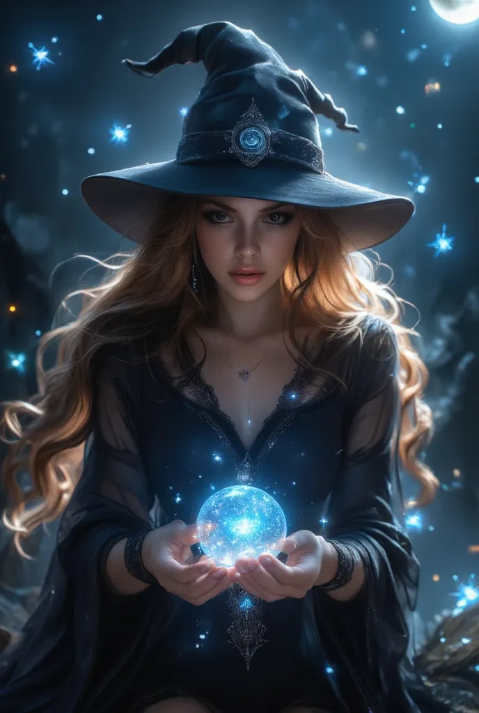 A witch with piercing eyes and a wide-brimmed hat holds a glowing crystal orb in her hands. Her flowing cloak swirls as if caught in an unseen breeze. The background is a starry night with a crescent moon, styled as a tarot card, radiating mysticism and po...