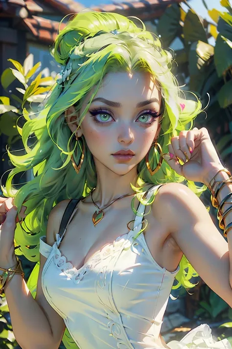 Goddess ((goddess-like woman)), slim, elegant silhouette, masterpiece, (close angle), best quality, pale skin, fair skin, sweet face, (masterpiece: 1.2, best quality), (real picture, intricate details), (1 lady, solo, medium, slim waist), neon green hair, ...