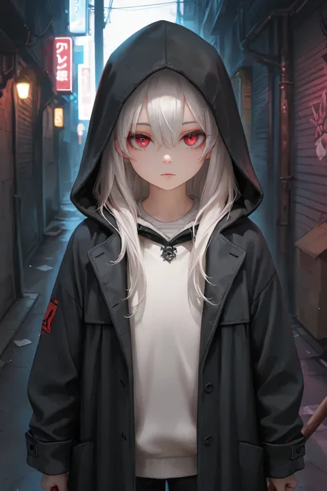 masterpiece, best quality, detailed eyes, semi realistic, 8k, girl, cute, small, sister, pure, (young face : 0.8), oversized black hood coat, black jean, white sweater, short long white gray hair, red eye, midnight city, solo character. looking at viewer, ...