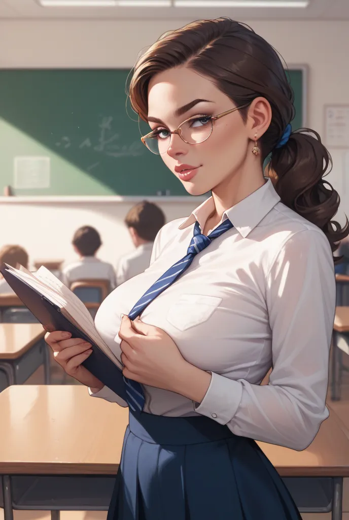 Brunette cougar teacher with huge tits in a white blouse with an open big neckline at school