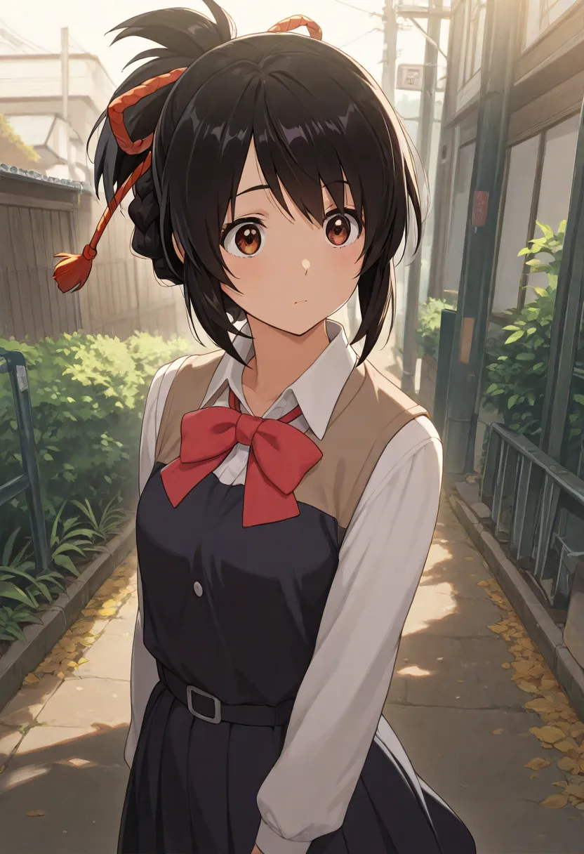 masterpiece,best quality,great quality, Mitsuha Miyamizu ,1 girl, Alone, black hair, bow, ribbon, brown eyes, 