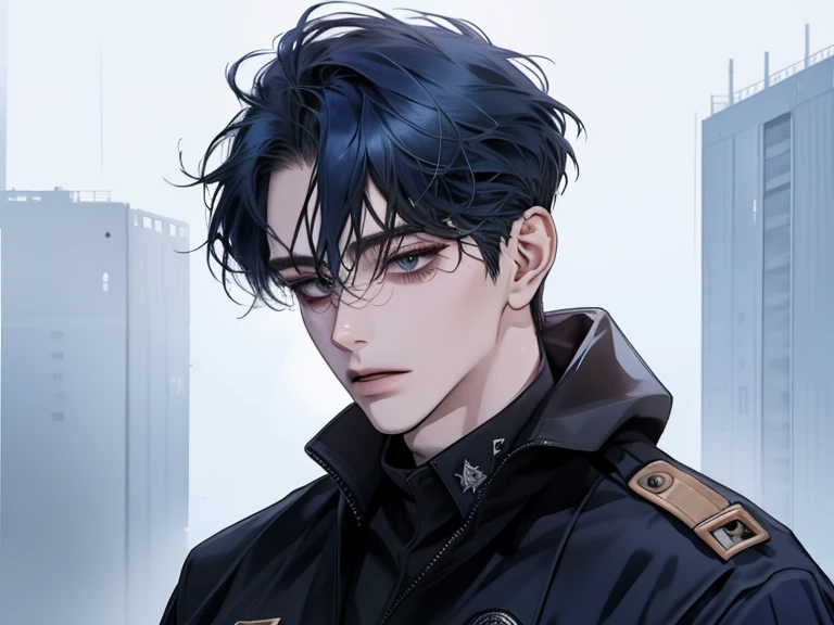 (male), ((solo)), white_skin ,(muscular), tall, ((navy blue hair)), ((long_hair)), (mature), tsurime, (orenge eyes), (expressionless), ((parting_bangs)), illustration, ((adult)), (good quality), (absurdres), (highres), (ultra detailed),(Masterpiece), (best...