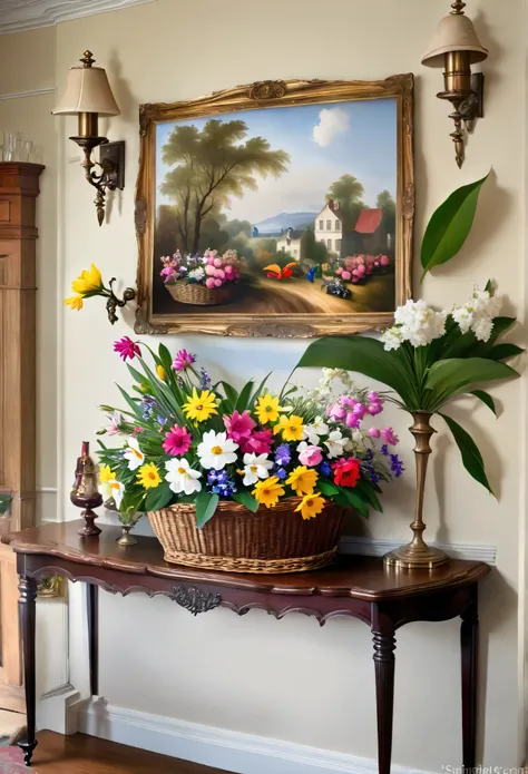 17th century painting,A basket of flowers to, on a table in a Victorian room