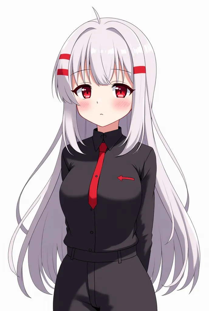 Take a picture of a female animated cartoon character with long white hair with red stripes, five habits, likes to be shy. Wear a black shoulder-length blouse with an arrow stripe, you can wear trousers or a skirt.