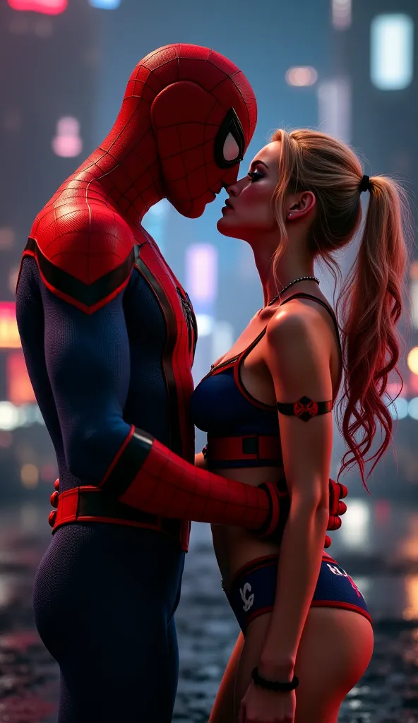 Spiderman and Harley Quinn came close to each other. Harley Quinn wearing a red and blue bra and short dress and kissed each other on the lips.