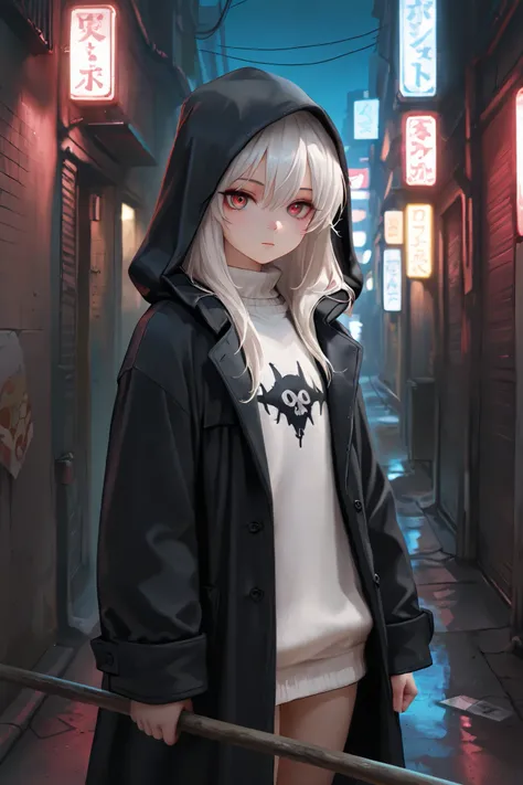masterpiece, best quality, detailed eyes, semi realistic, 8k, girl, cute, small, sister, pure, youth face, oversized black hood coat, black jean, white sweater, short long white gray hair, red eye, midnight city, solo character. looking at viewer, wearing ...