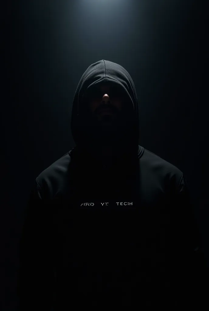 "A mysterious person wearing a hoodie, standing in a dark environment with a black background. A soft light shines from above, casting subtle shadows on their face, which is mostly hidden by the hood. On their chest, the text 'PRO YT TECH' is displayed in ...