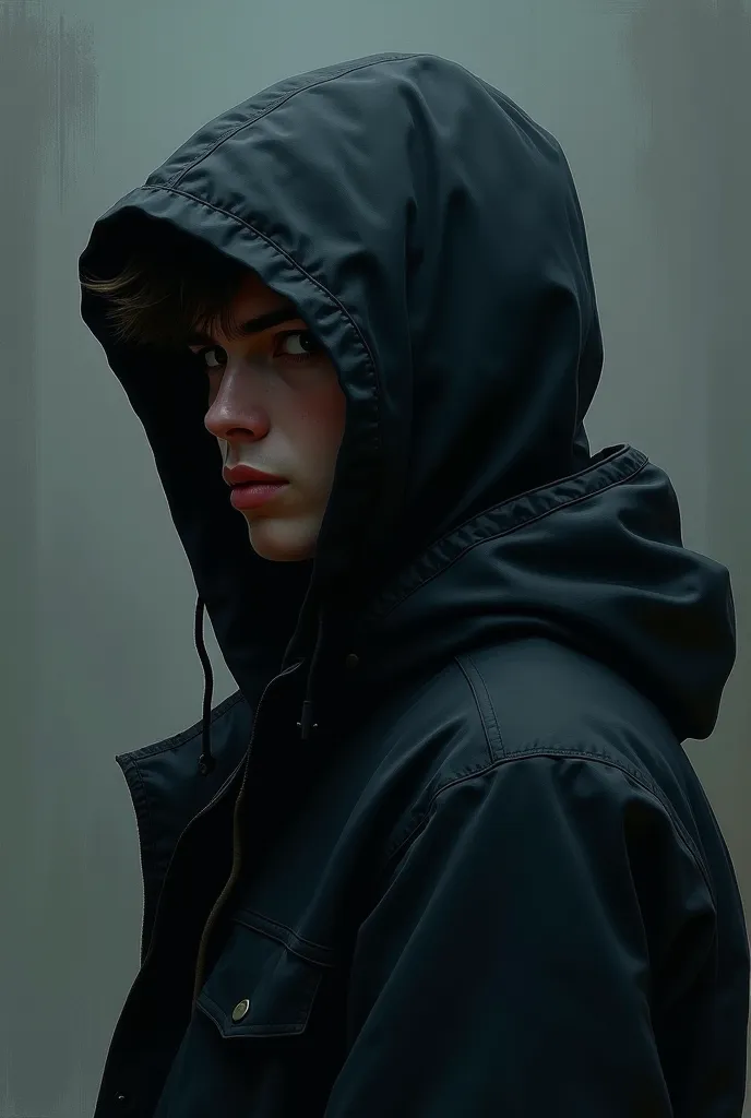 side view portrait of guy in hooded jacket obscured by face