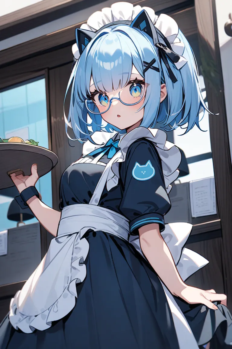 light blue bob cat ear glasses maid