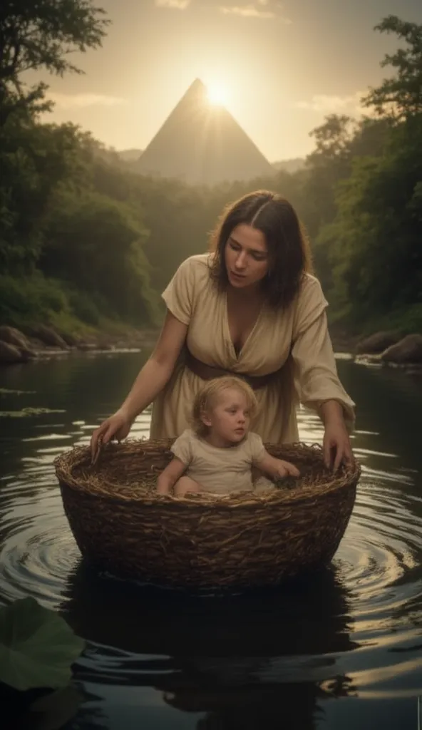 "An emotional scene showing Moses' mother placing her baby in a straw basket, with an expression of sadness and hope. The basket floating gently in the waters of the Nile River, with dense vegetation surrounding it and the sun starting to set over the hori...