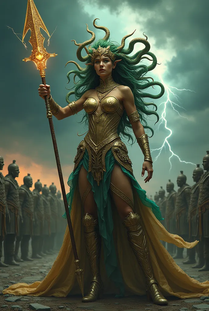  powerful Medusa, clad in golden battle armor, stands ready for combat, her enchanted spear crackling with dark energy. Her serpents coil aggressively, mirroring her fierce determination. Behind her, an army of stone warriors—once her enemies—stand frozen ...