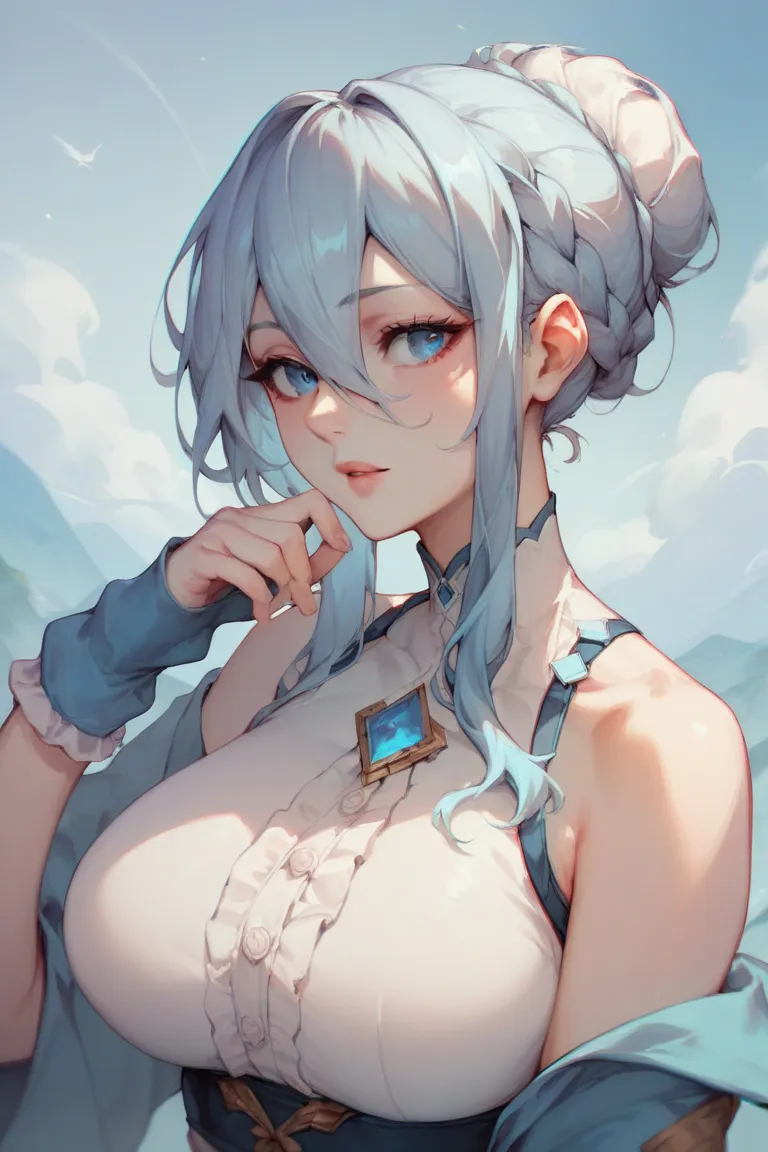 Yuk1n0M1fuyu, 1girl, hair between eyes, blue eyes, large breasts, blue hair, sidelocks, long hair, white hair, hair bun, braid, single hair bun