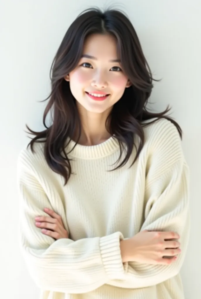 1girl,sweater,white background, the girl should be Asian 