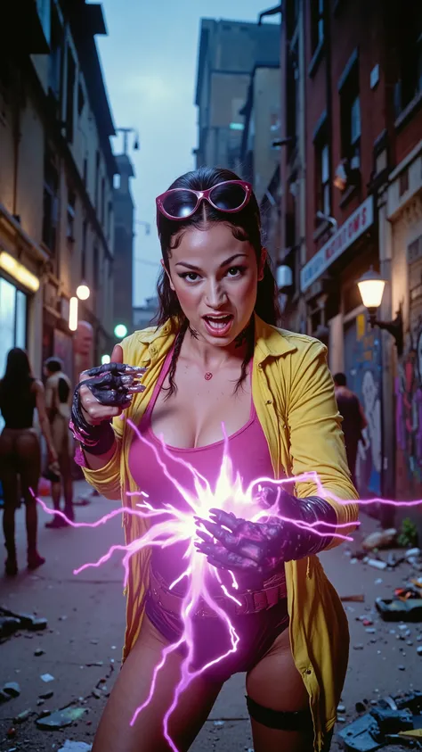 A cinematic close-up scene from a X-Men film, featuring a female superhero, Jubilee, portrayed by Bhad Bhabie. She is wearing a bright yellow jacket, a pink top, black fingerless gloves, and oversized pink glasses resting on her head. Her hair is styled in...