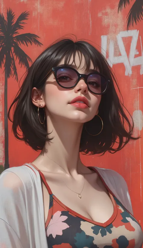 Flat Illustration artwork, ((young 24 year old Maggie cheung)) in a oversized crop top and shorts in a fashion pose in front of simple background, up close red lips, wear dark sunglasses, korean pop-star, big smile, black hair, pretty hands, fringe, simple...