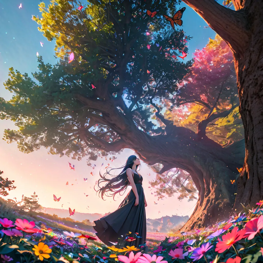 (woman\(student, , ＪＫ, long hair,  colorful eyes, pale skin，) looking up at the sky), ( lots of butterflies flying in the sky), beautiful sky from the light source, summer，Colorful Flowers Blooming Everywhere々, Mysterious and dreamy ,Big Tree，quality\(8k,C...