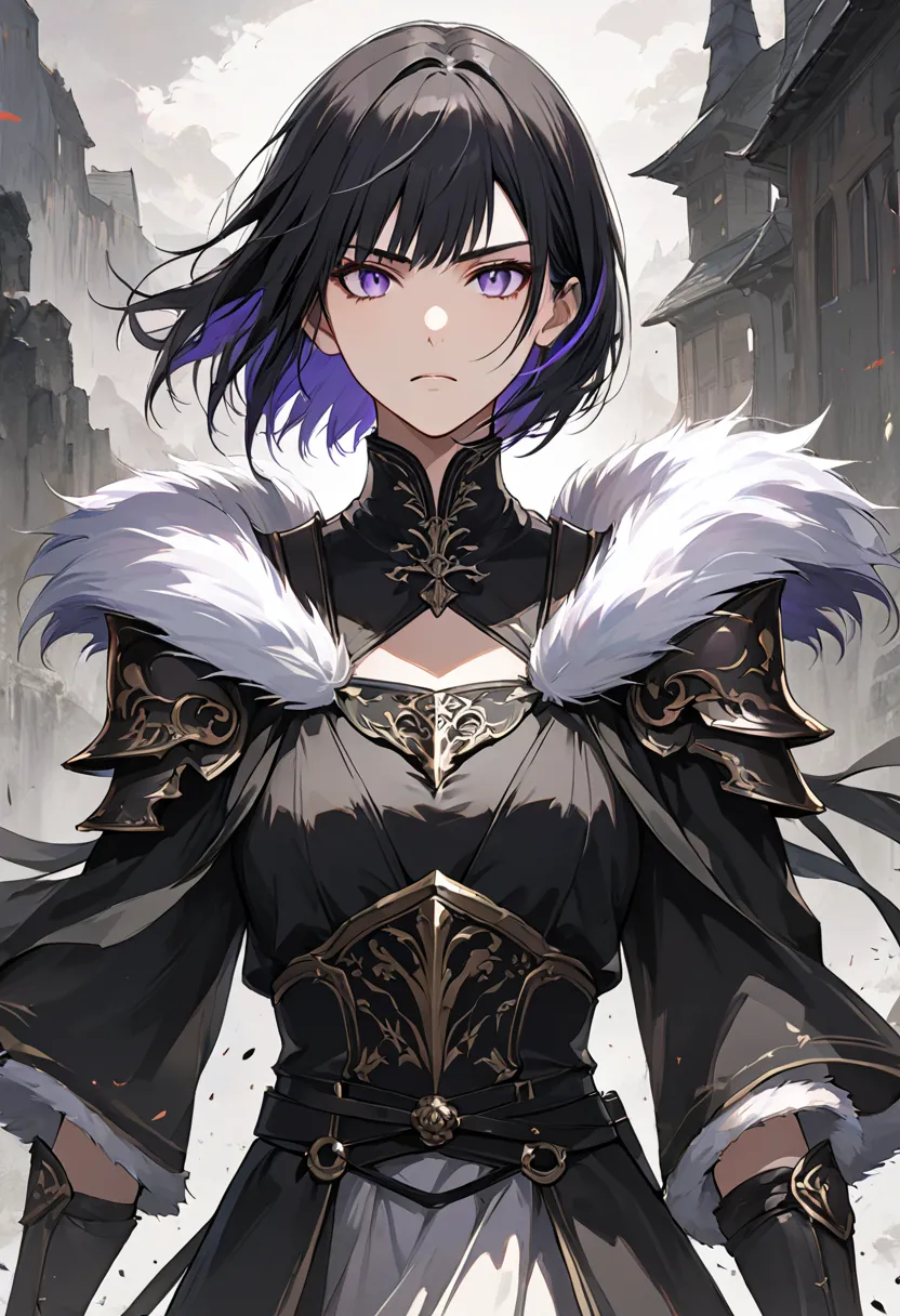 8k,masterpiece, best quality, super high resolution, high resolution, slanted eyes, 20s, 1girl, short hair, purple multicolored eye, black multicolored hair, The female protagonist, A powerful female warrior, dark fantasy, (long black coat with fur lining,...