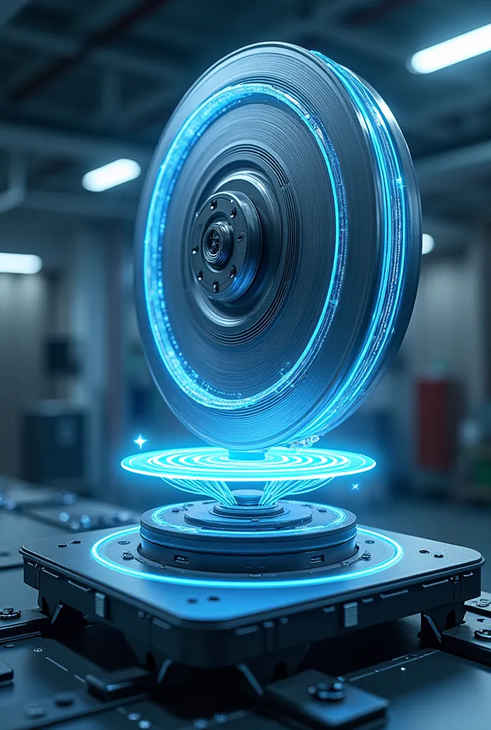 "Create a technical illustration of a magnetic levitating flywheel with the following components:
A metallic flywheel disc (with radial grooves) floating mid-air.

Glowing blue electromagnetic coils positioned below and around the flywheel.

Magnetic field...