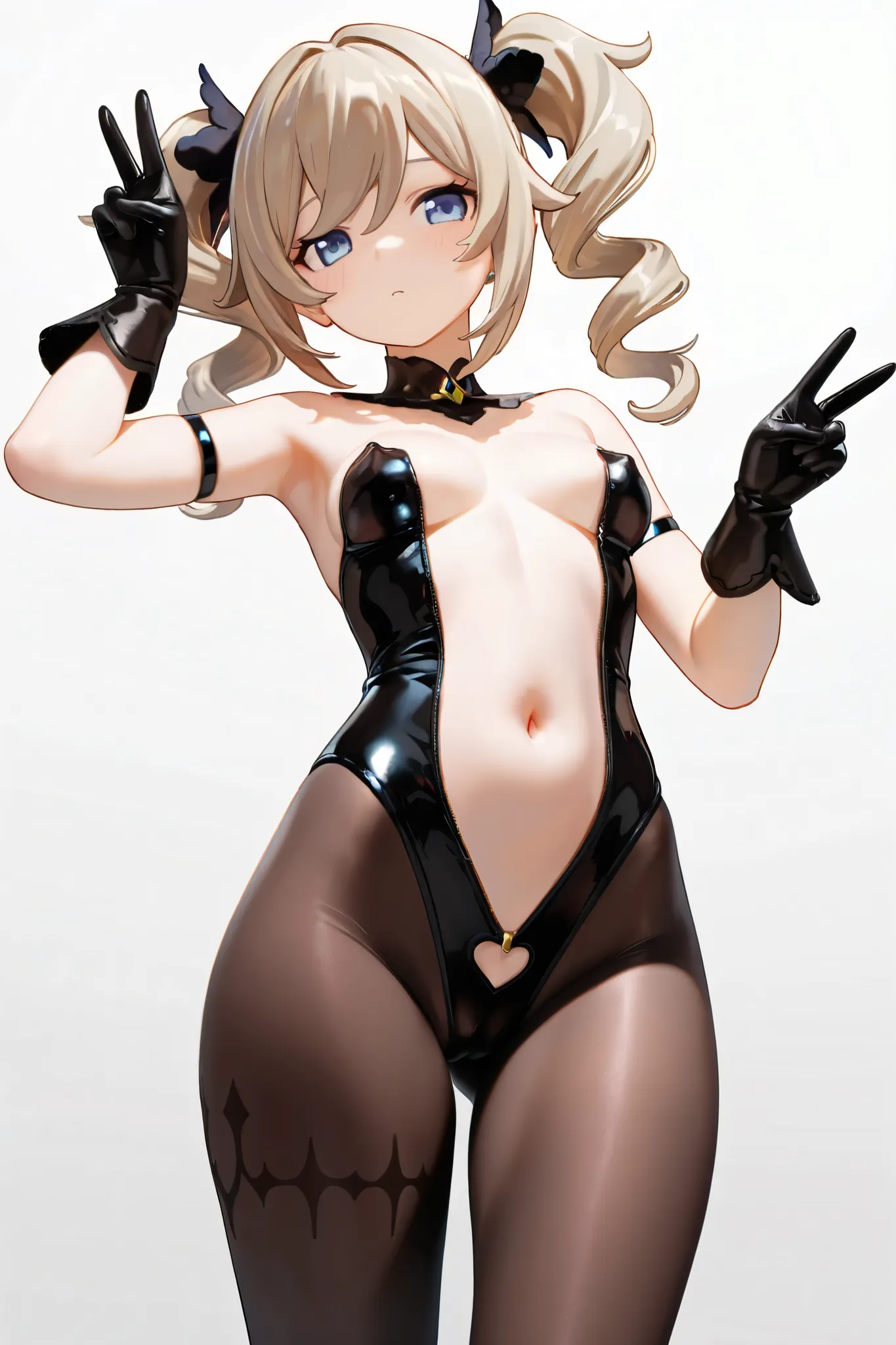 NSFW,masterpiece,top quality,high resolution,very detailed,Barbara( Genshin), Gold、twin tails、drill hair、twin drill、bungs、blue eyes、黒 gloves, black leotard、 black leggings、Center Open、指なし gloves、 gloves、belly button