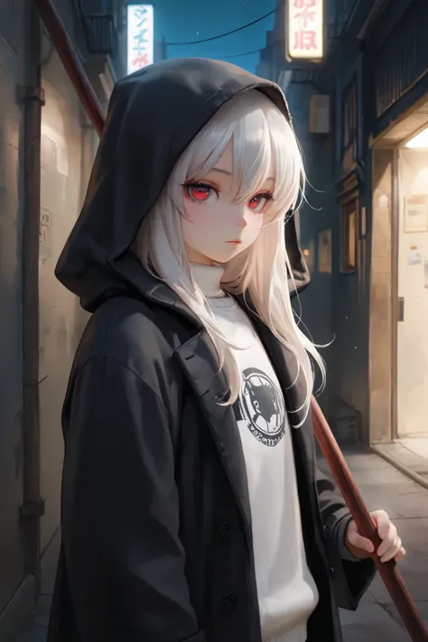 masterpiece, best quality, detailed eyes, semi realistic, 8k, girl, cute, small, sister, pure, young face, oversized black hood coat, black jean, white sweater, short long white gray hair, red eye, midnight city, solo character. looking at viewer, wearing ...