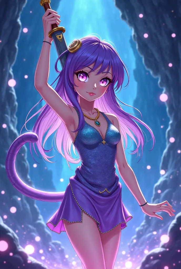 Anime lamia girl, iridescent scales, gradient purple hair, glowing snake eyes, magical crystal cave, floating orbs, dynamic pose with raised sword, flowing silk garments, cel-shading style, vibrant colors, studio Ghibli aesthetic