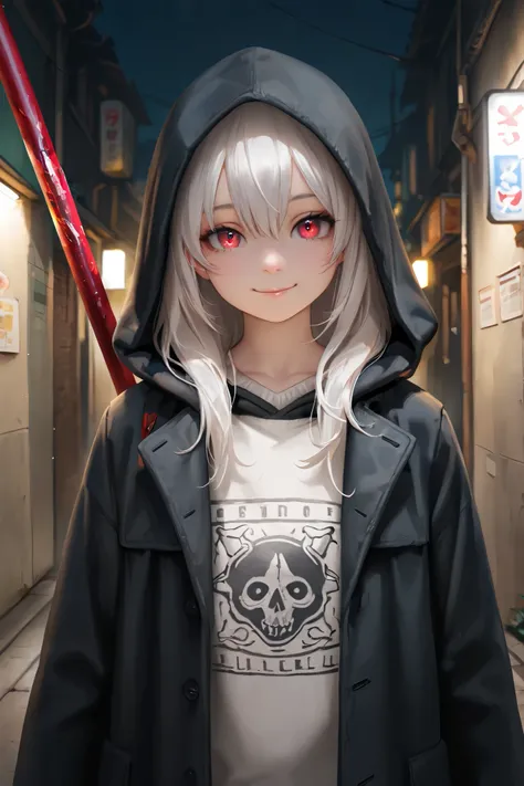 masterpiece, best quality, detailed eyes, semi realistic, 8k, girl, cute, small, sister, pure, young face, oversized black hood coat, black jean, white sweater, short long white gray hair, red eye, midnight city, solo character. looking at viewer, wearing ...