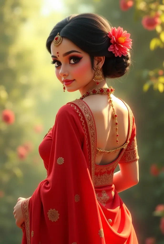 a little bit chubby cute bangali lady Red saree bun hair flower garlands backless backpose 