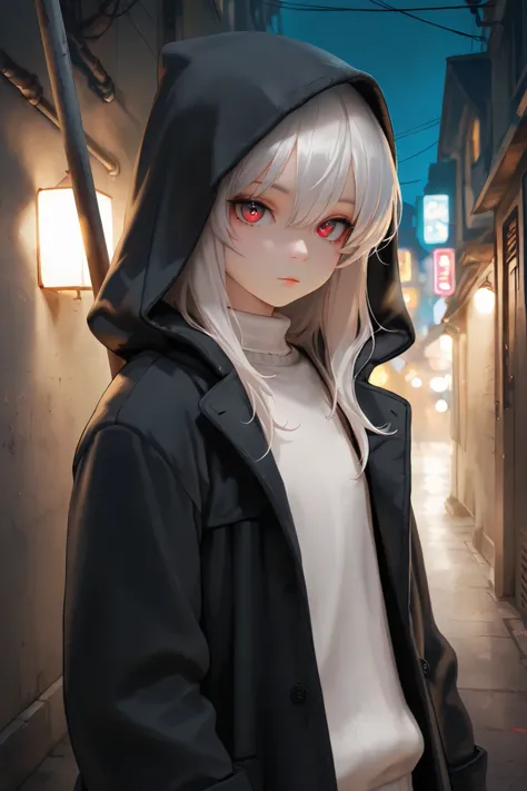 masterpiece, best quality, detailed eyes, semi realistic, 8k, girl, cute, small, sister, pure, young face, oversized black hood coat, black jean, white sweater, short long white gray hair, red eye, midnight city, solo character. looking at viewer, wearing ...