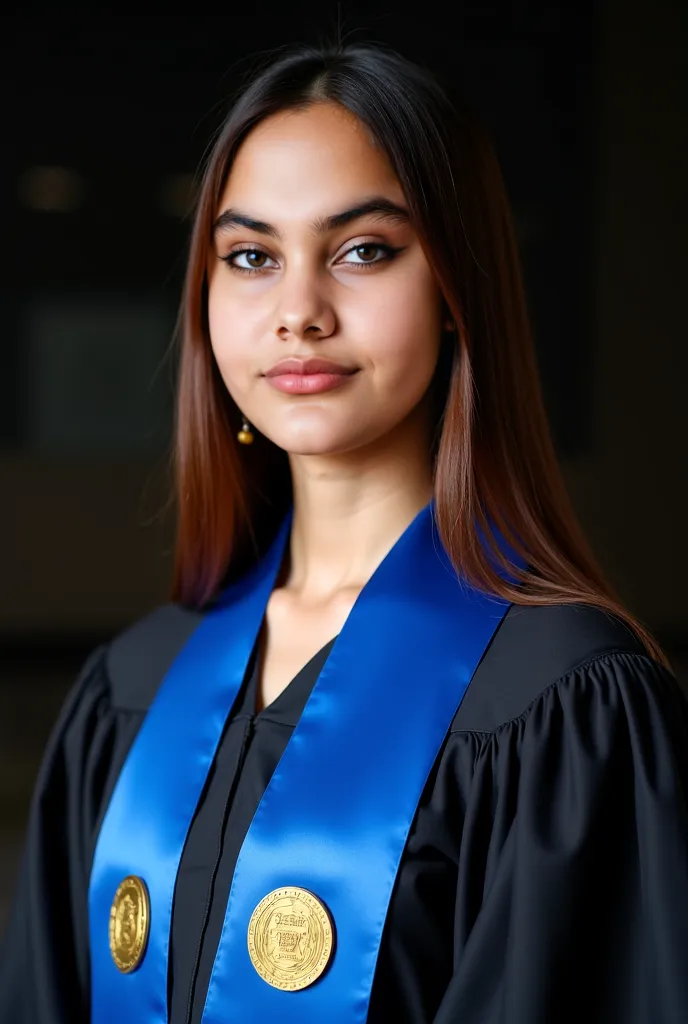 Portrait of a slender young woman, with long hair and, dressed in a black graduation gown and a blue stole.  has a serene expression , You are looking at the camera from the front with natural makeup and some subtle earrings. Her hair is styled straight , ...